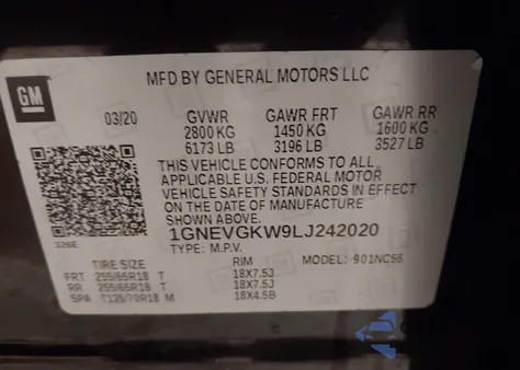 2020 Chevrolet Traverse Awd Lt Cloth z USA, uszkodzony, nr VIN 1GNEVGKW9LJ242020